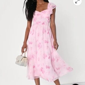 Original Lulu’s Loveliest Darling Light Pink Floral Ruffled Tie-Back Midi Dress